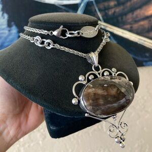 Brazilian brown white agate gemstones 925 sterling silver overlay charm necklace